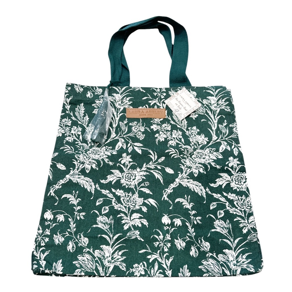 NEW Laura Ashley FLORAL REUSABLE TOTE with Double Handles Dark Green